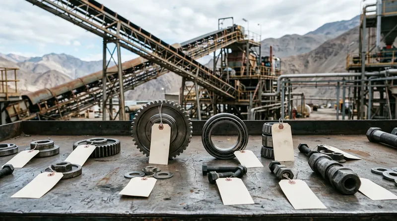Repuestos industriales con etiquetas en blanco sobre una mesa metálica, faena minera al fondo.