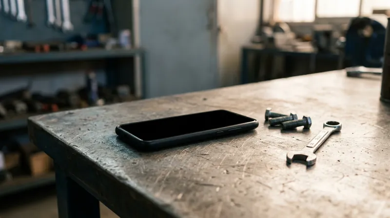 Celular con la pantalla apagada sobre un mesón industrial.