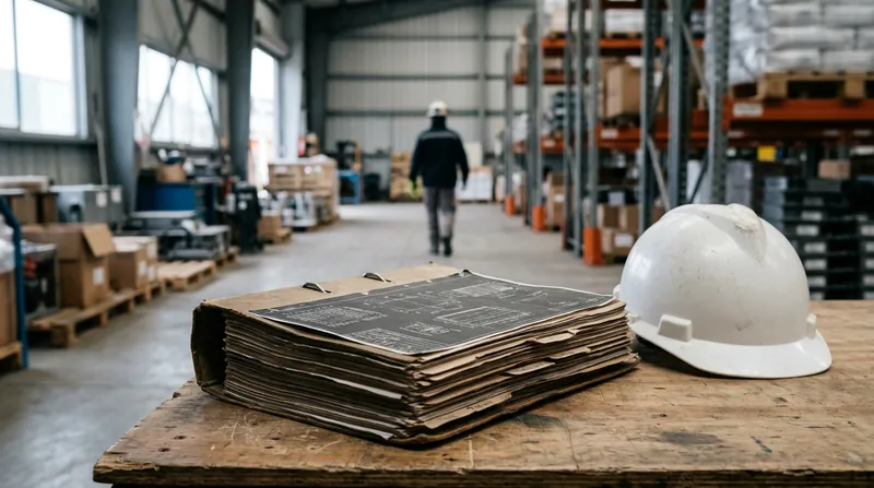 Carpeta de bases técnicas junto a un casco de seguridad en una bodega.