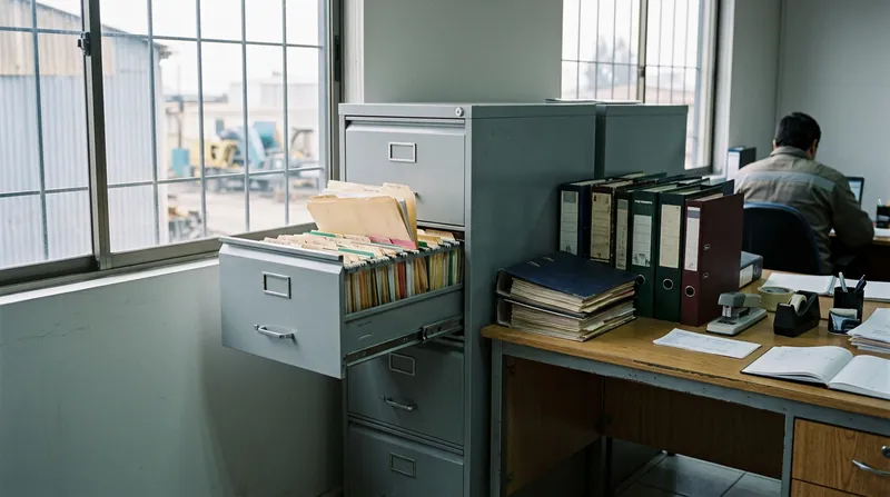 Oficina contable industrial con un archivador metálico abierto.