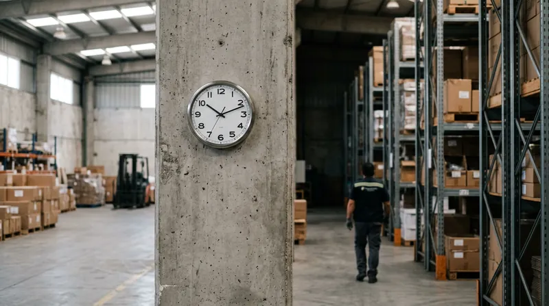 Reloj de pared analógico en un galpón industrial.