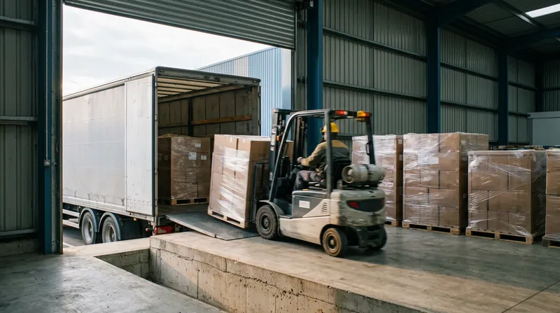 Camión cargando pallets envueltos en un andén de despacho.