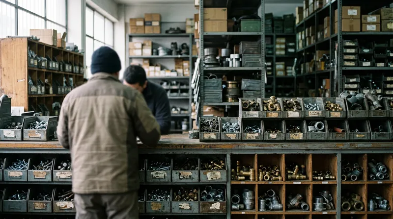 Mesón de ferretería industrial con una persona de espalda entre pernería y fittings.