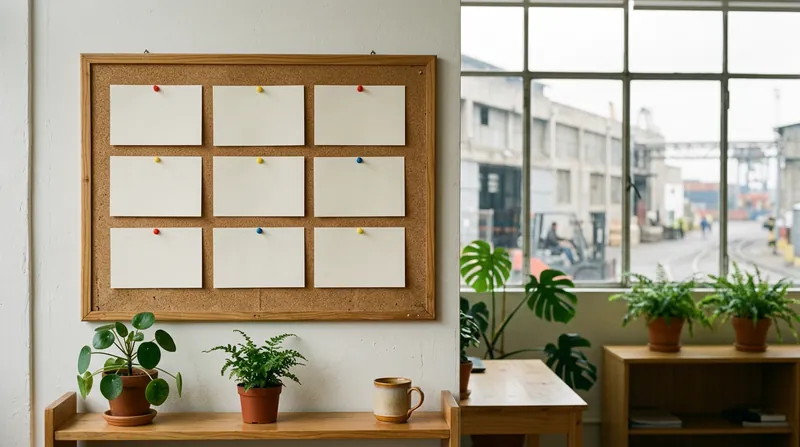 Tablero de corcho con tarjetas en blanco en una oficina de planta.